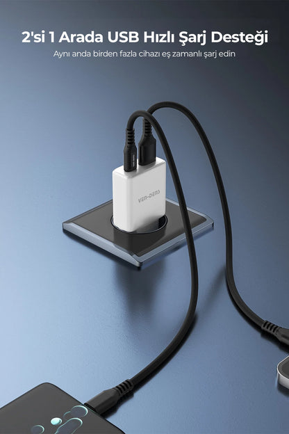 Vendens VD-TC017BAC 30W Type-C Hızlı Şarj Aleti, USB-A + USB-C Çift Çıkışlı Adaptör