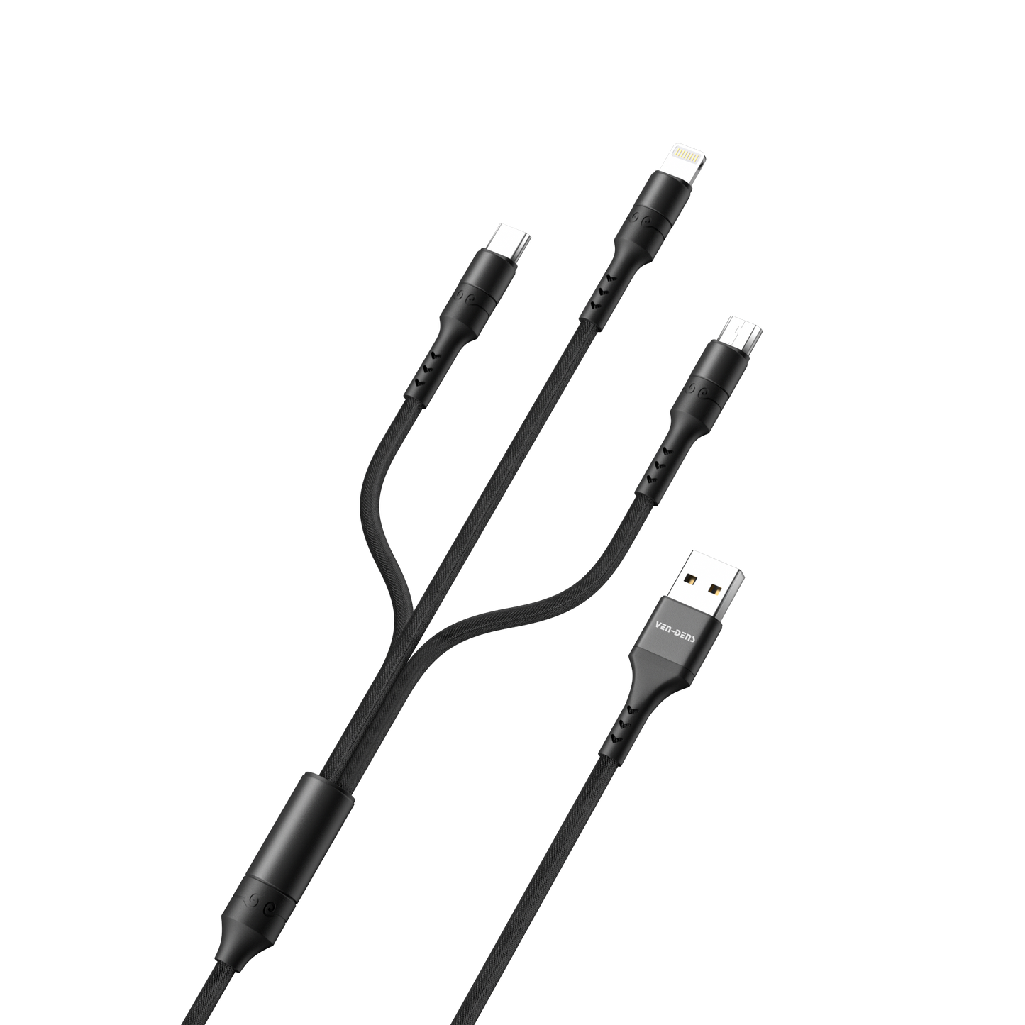Ven-Dens VD-DCA01 3'ü 1 Arada Hızlı Şarj ve Data Kablosu - Type-C & Micro USB Uçlu Dayanıklı Naylon Örgü 1.2m