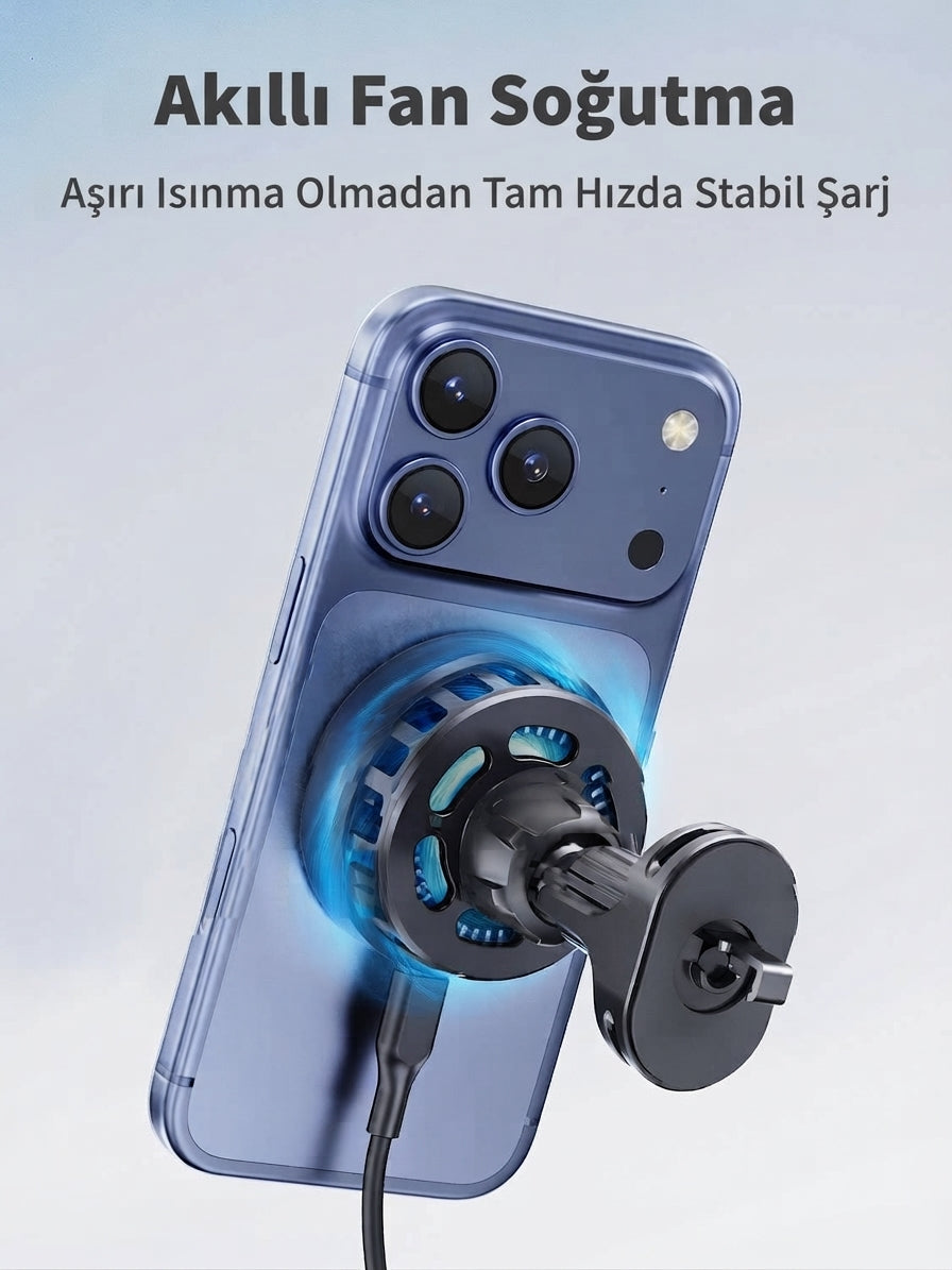 Ven-Dens VD-WLC031 Qi2 25W Manyetik Kablosuz Araç İçi Şarj Cihazı Soğutma Fanlı MagSafe Uyumlu Telefon Tutucu