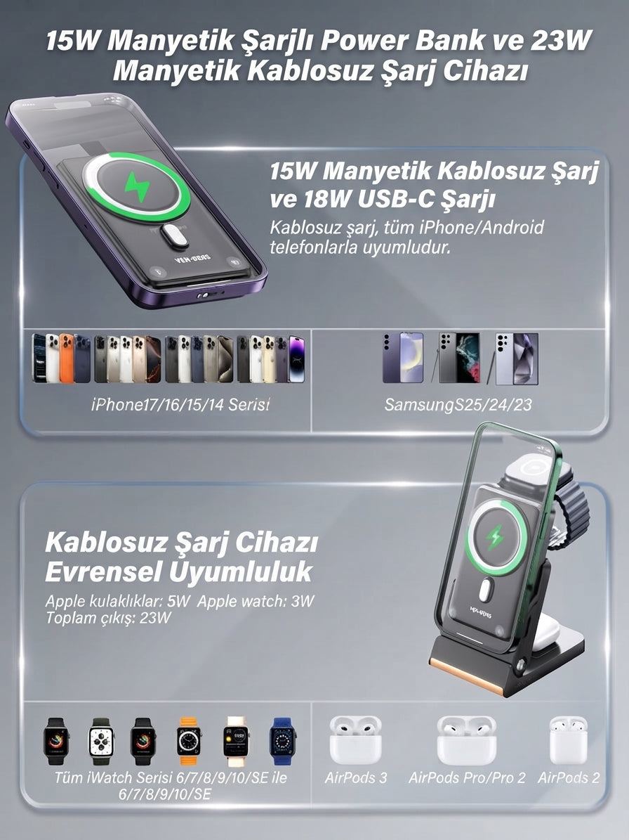 Ven-Dens VD-PB080 10000 mAh 23 W Magsafe 3 ü 1 Arada  Powerbank Taşınabilir Hızlı Şarj Cihazı