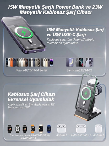 Ven-Dens VD-PB080 10000 mAh 23 W Magsafe 3 ü 1 Arada  Powerbank Taşınabilir Hızlı Şarj Cihazı