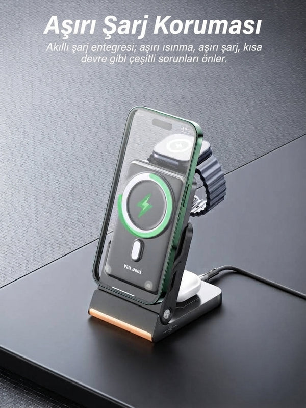 Ven-Dens VD-PB080 10000 mAh 23 W Magsafe 3 ü 1 Arada  Powerbank Taşınabilir Hızlı Şarj Cihazı
