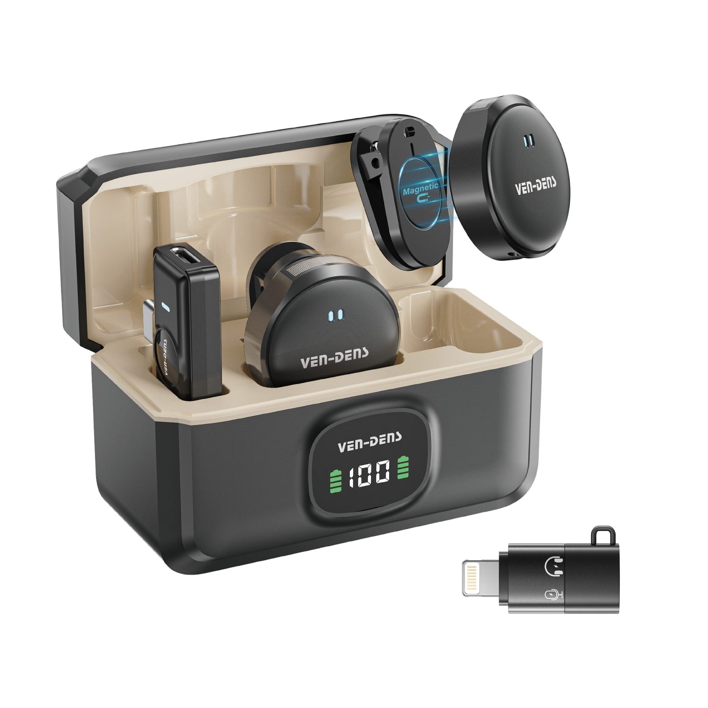 VD-MIC025 Yüksek Kaliteli Type-C ve IP Portlu HD Çift Mikrofonlu Profesyonel Kablosuz Manyetik Mikrofon, Canlı Performanslar İçin