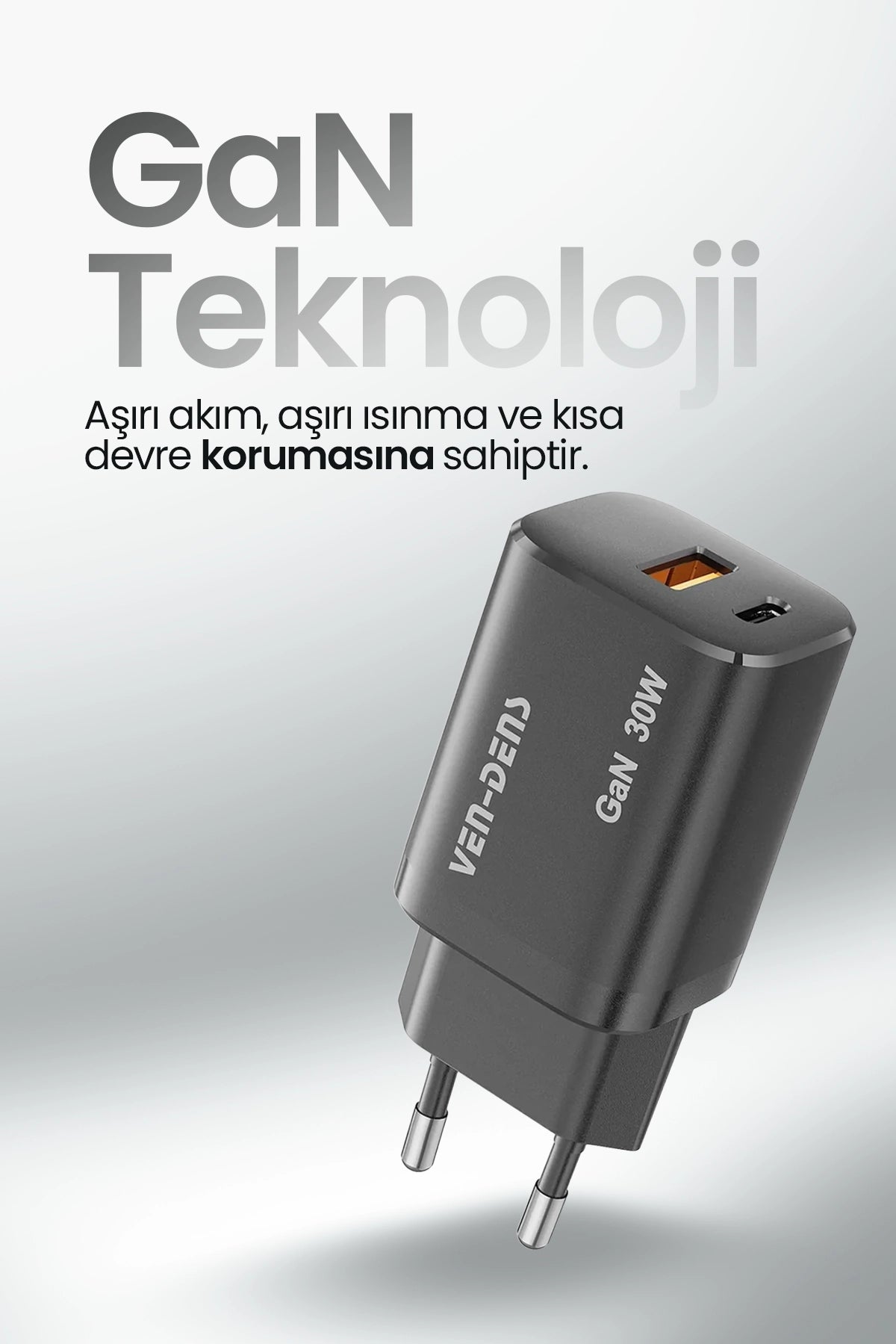 Vendens SP-TC94BG 30W Hızlı Şarj Adaptörü GAN Teknoloji , USB-C PD + USB-A QC 3.0, Çift Port
