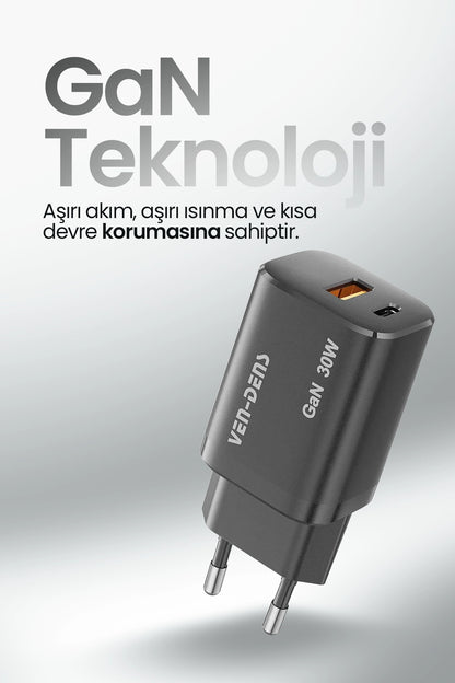 Vendens SP-TC94BG 30W Hızlı Şarj Adaptörü GAN Teknoloji , USB-C PD + USB-A QC 3.0, Çift Port