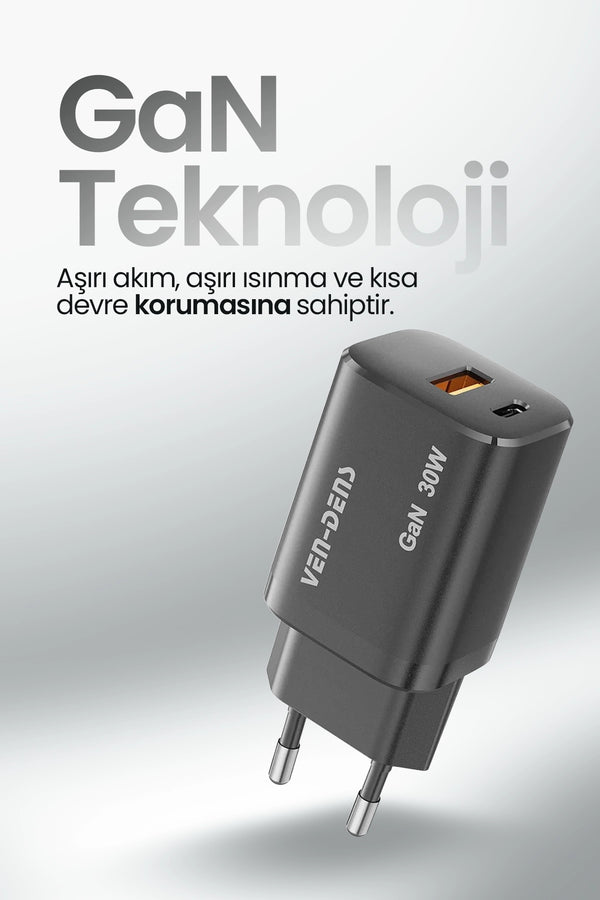Vendens SP-TC94BG 30W Hızlı Şarj Adaptörü GAN Teknoloji , USB-C PD + USB-A QC 3.0, Çift Port