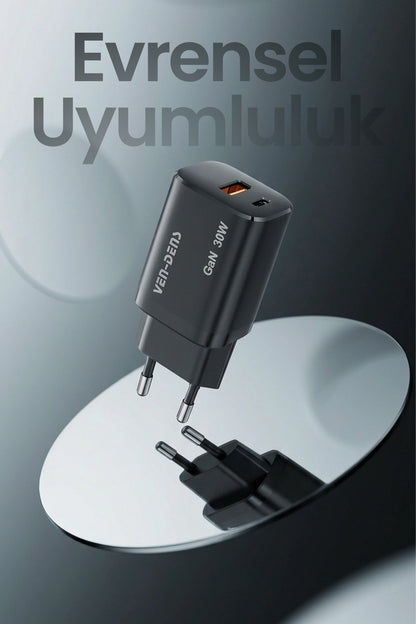 Vendens SP-TC94BG 30W Hızlı Şarj Adaptörü GAN Teknoloji , USB-C PD + USB-A QC 3.0, Çift Port