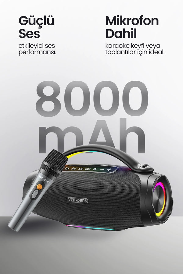 Vendens SPK026S 100W Bluetooth Hoparlör, 8000mAh, LED Işıklı, 14 Saat Kullanım