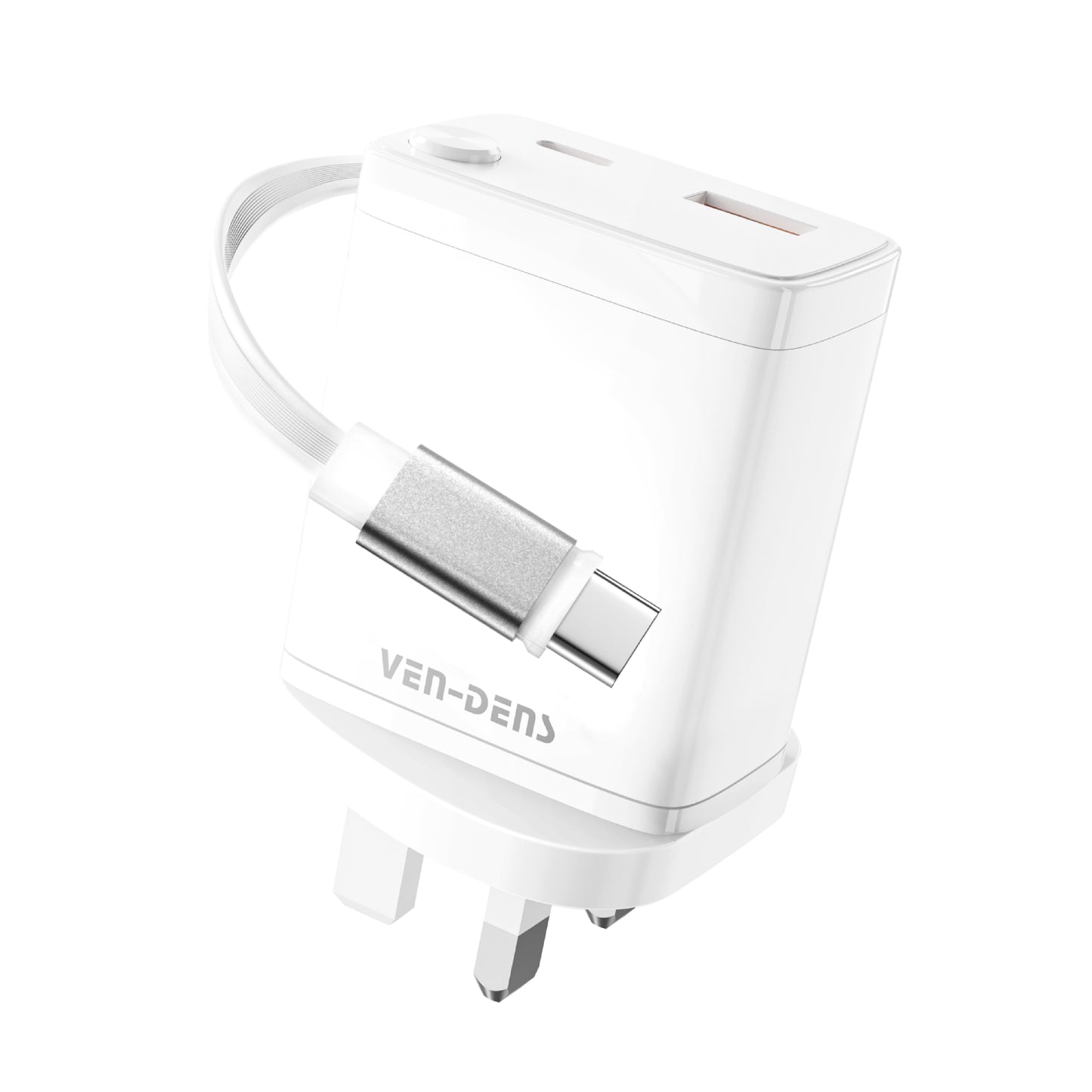 Vendens 30W Hızlı Şarj Cihazı UK USB-A, 2 Adet USB-C, Geri Çekilebilir Kablo