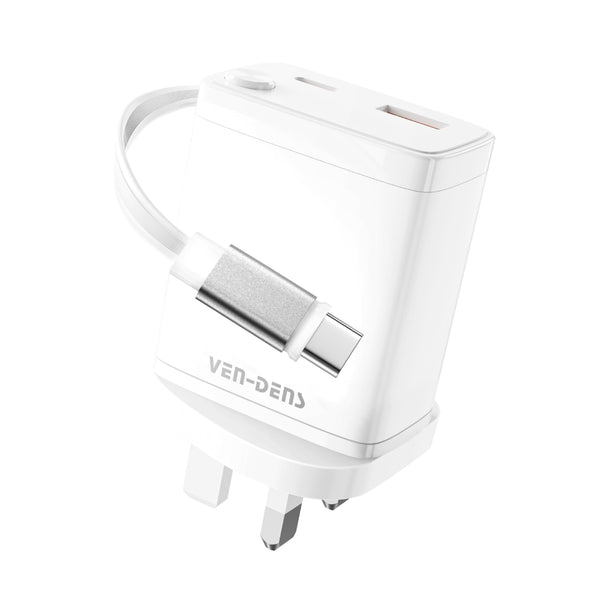 Vendens 30W Hızlı Şarj Cihazı UK USB-A, 2 Adet USB-C, Geri Çekilebilir Kablo