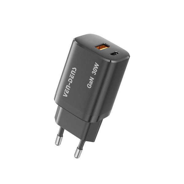 Vendens 30W Hızlı Şarj Cihazı USB-C PD ve USB-A Çıkışlı Siyah