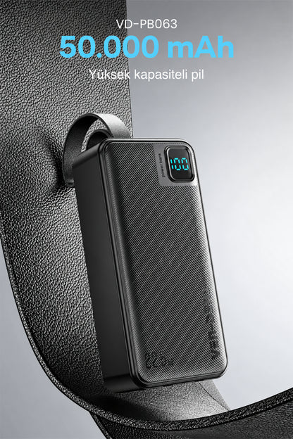 Vendens VD-PB063 50000mAh Powerbank 22,5 What Hızlı Şarj, Dahili Type-C & Lightning Kablolu, Dijital Ekranlı