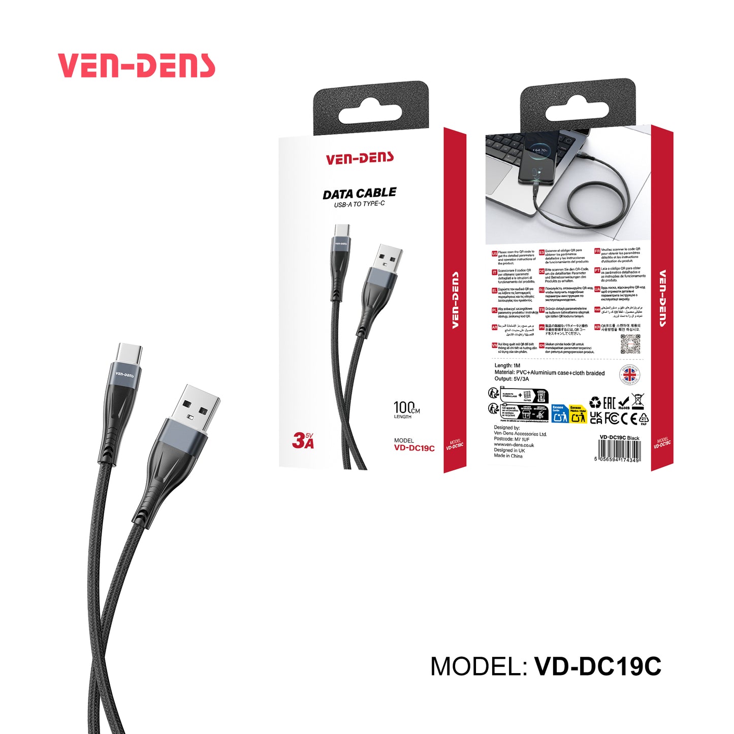VD-DC19C Toptan fiyat USB-A - Type-C Kablo PVC veri kablosu 5V/3A, Type-C cihazlar için