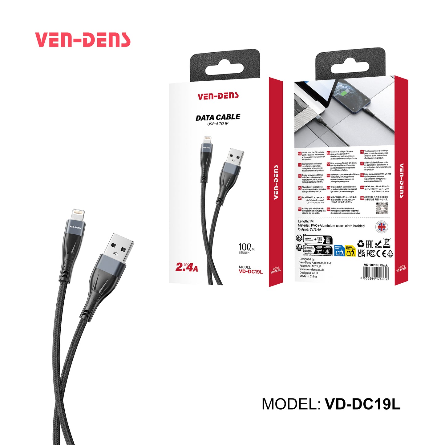 VD-DC19L Toptan fiyat USB-A - Lightning Kablosu PVC veri kablosu 5V/2.4A Lightning cihazları için