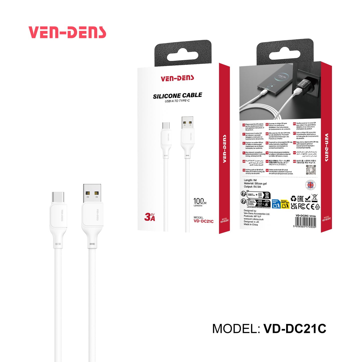VD-DC21C Toptan fiyatlı USB-A - Type-C silikon jel veri kablosu 5V/3A, Type-C cihazlar için.