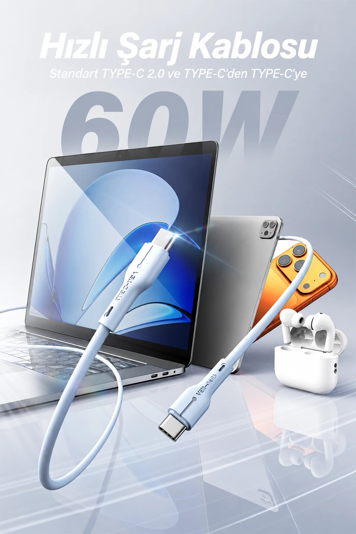 Vendens VD-DC23CC Type-C to Type-C 60W PD Hızlı Şarj ve Data Kablosu - 1 Metre