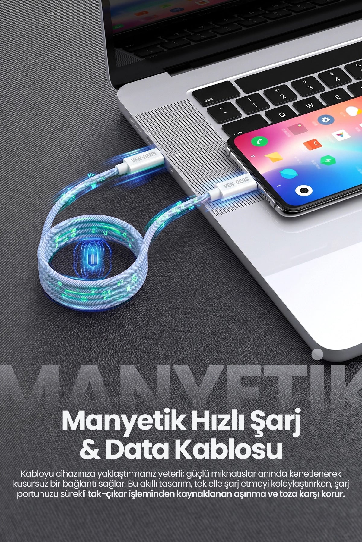 Vendens VD-DCA04 60W Type-C to Type-C Manyetik Hızlı Şarj ve Data Kablosu - 1 Metre Kumaş Örgü