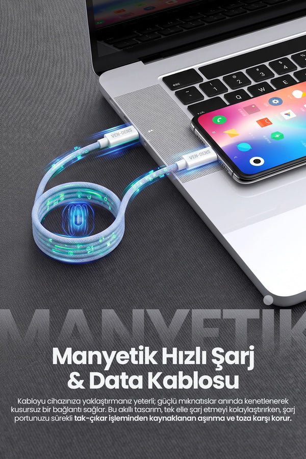 Vendens VD-DCA04 60W Type-C to Type-C Manyetik Hızlı Şarj ve Data Kablosu - 1 Metre Kumaş Örgü