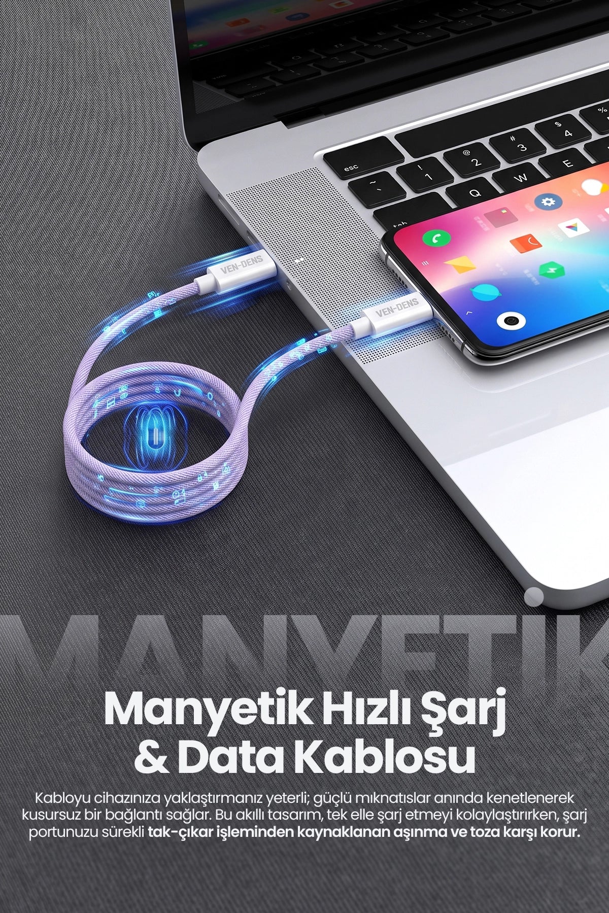 Vendens VD-DCA04 60W Type-C to Type-C Manyetik Hızlı Şarj ve Data Kablosu - 1 Metre Kumaş Örgü