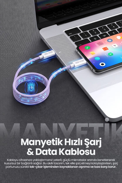 Vendens VD-DCA04 60W Type-C to Type-C Manyetik Hızlı Şarj ve Data Kablosu - 1 Metre Kumaş Örgü