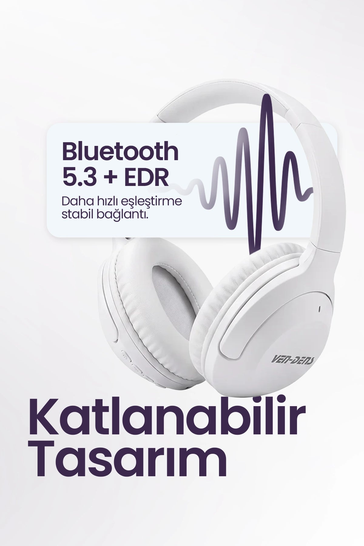 Vendens VD-HP011 Bluetooth 5.3 Kablosuz Kulak Üstü Kulaklık Katlanabilir 24 Saat Pil Ömrü Siyah