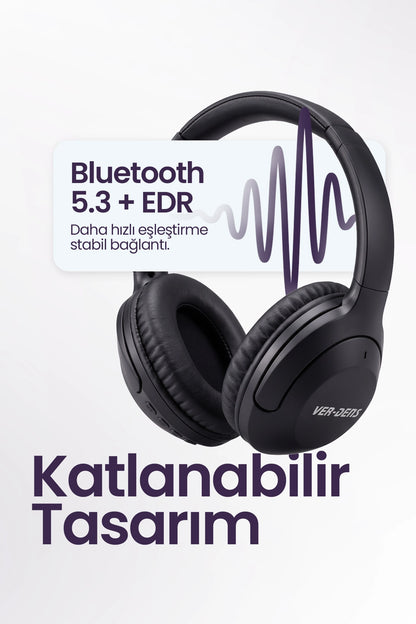 Vendens VD-HP011 Bluetooth 5.3 Kablosuz Kulak Üstü Kulaklık Katlanabilir 24 Saat Pil Ömrü Siyah