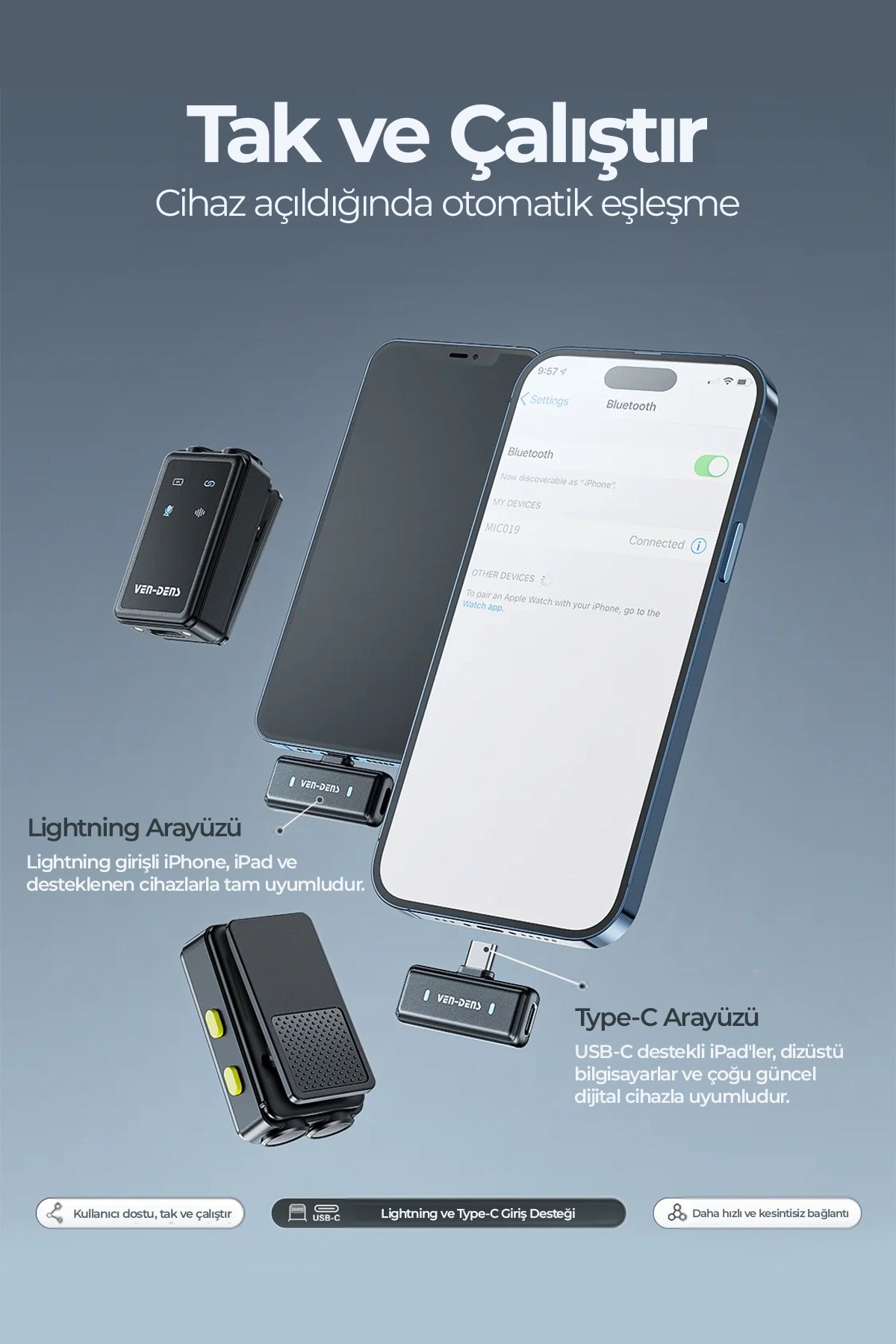 Vendens VD-MIC019 Çift Mikrofonlu Kablosuz Yaka Mikrofonu - HD Ses & Gürültü Engelleme
