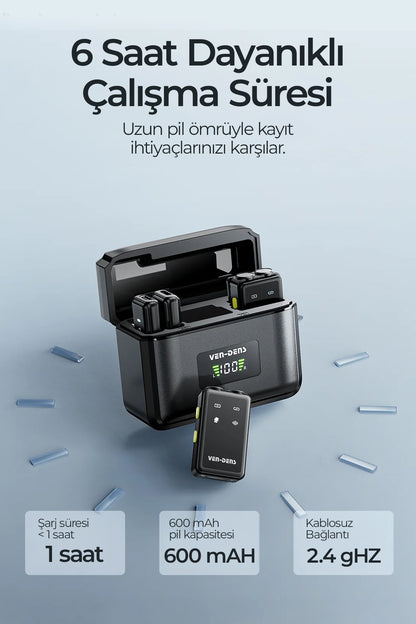 Vendens VD-MIC019 Çift Mikrofonlu Kablosuz Yaka Mikrofonu - HD Ses & Gürültü Engelleme