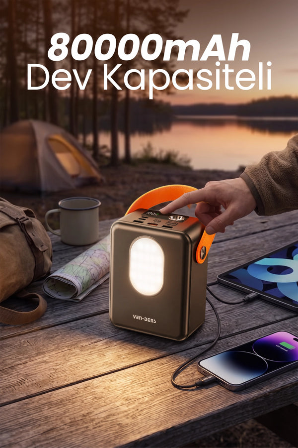 Vendens VD-PB075 80000mAh 22.5W Hızlı Şarj Powerbank,Led Lambalı, 4 Cihaz Şarj, Dahili Kablolu, 296Wh