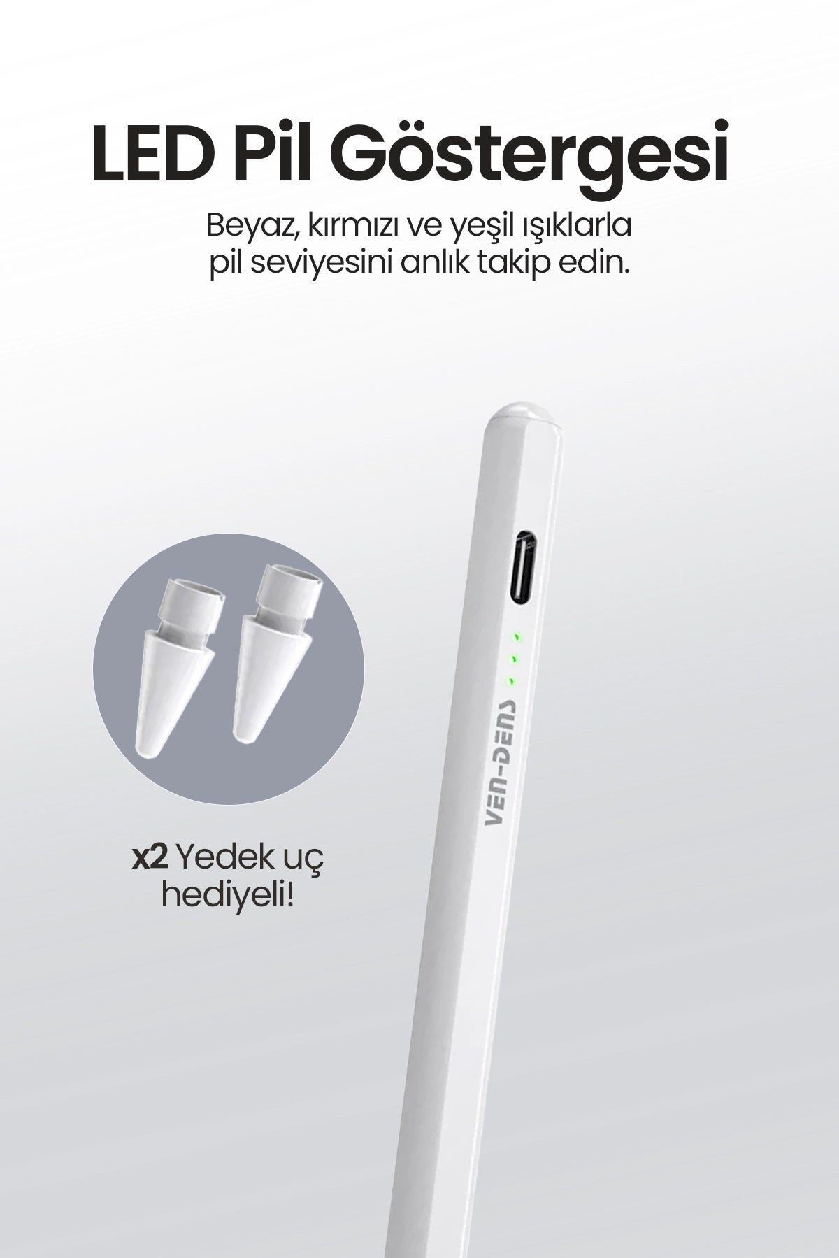 Vendens VD-SP005 iPad Kalemi, Manyetik, Avuç İçi Reddetme, Type-C Hızlı Şarj, 2 Yedek Uç