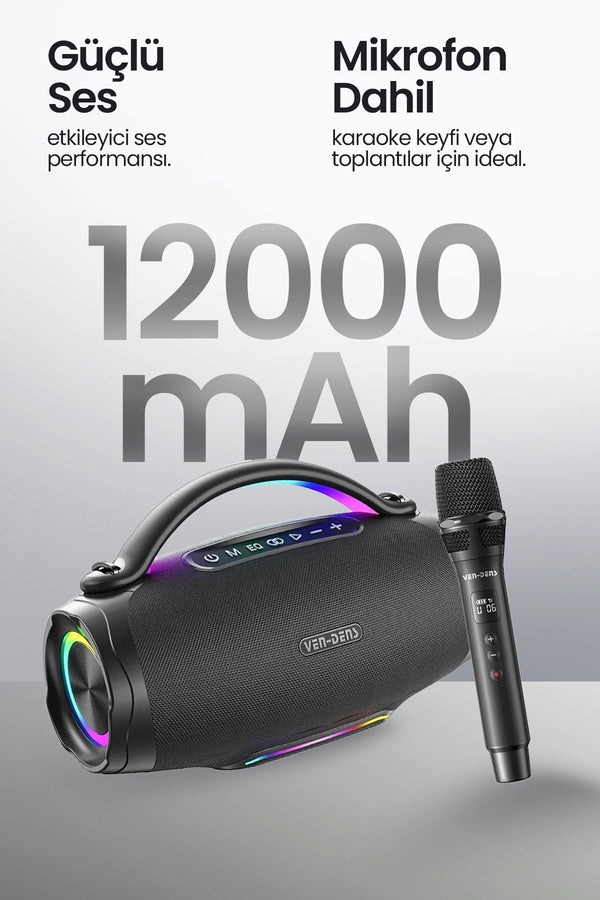 Vendens VD-SPK026M 160W Taşınabilir Bluetooth Hoparlör 12000mAh, 200W Maksimum Güç, LED Işıklı, 20 Saat Kullanım, Mikrofonlu