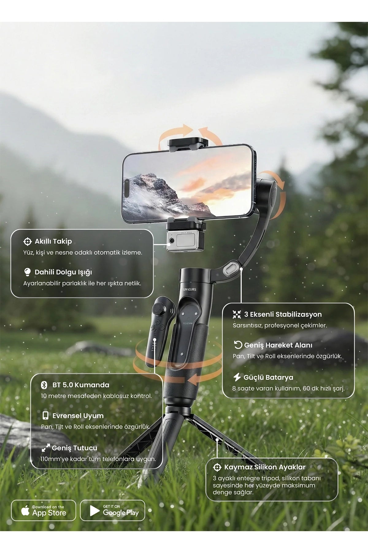 Vendens VD-SS11 360° Telefon Gimbal Tripod, Bluetooth Kumandalı, 4'ü 1 Arada, Yapay Zeka Destekli, Yüz Takibi , Sensörlü