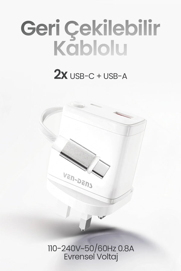 Vendens VD-TC155BAC 30W Hızlı Şarj Adaptörü, 2x USB-C + USB-A, Geri Çekilebilir Kablolu