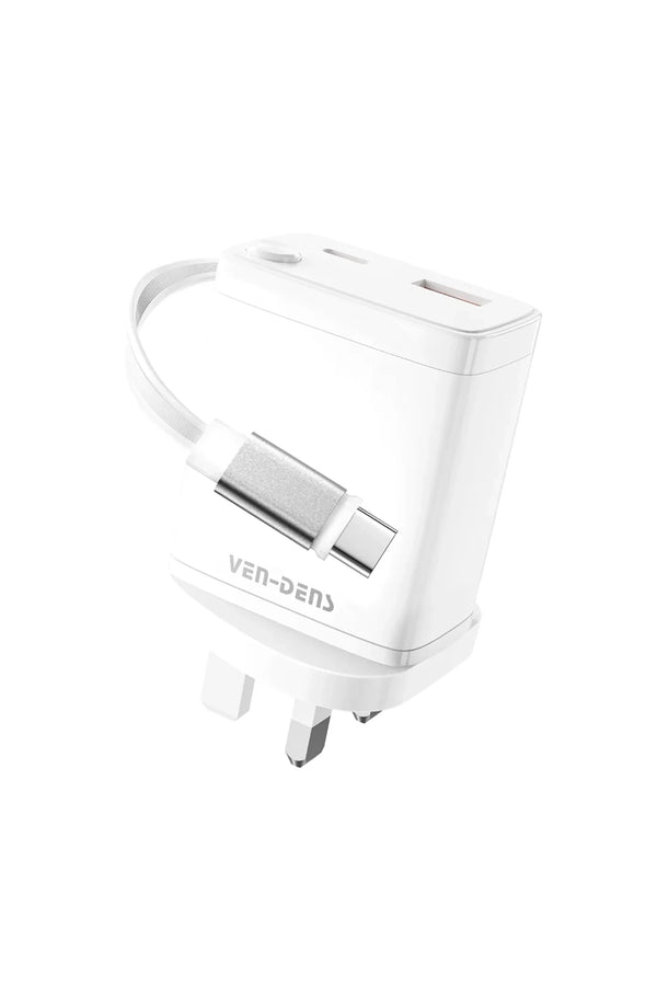 Vendens VD-TC155BAC 30W Hızlı Şarj Adaptörü, 2x USB-C + USB-A, Geri Çekilebilir Kablolu