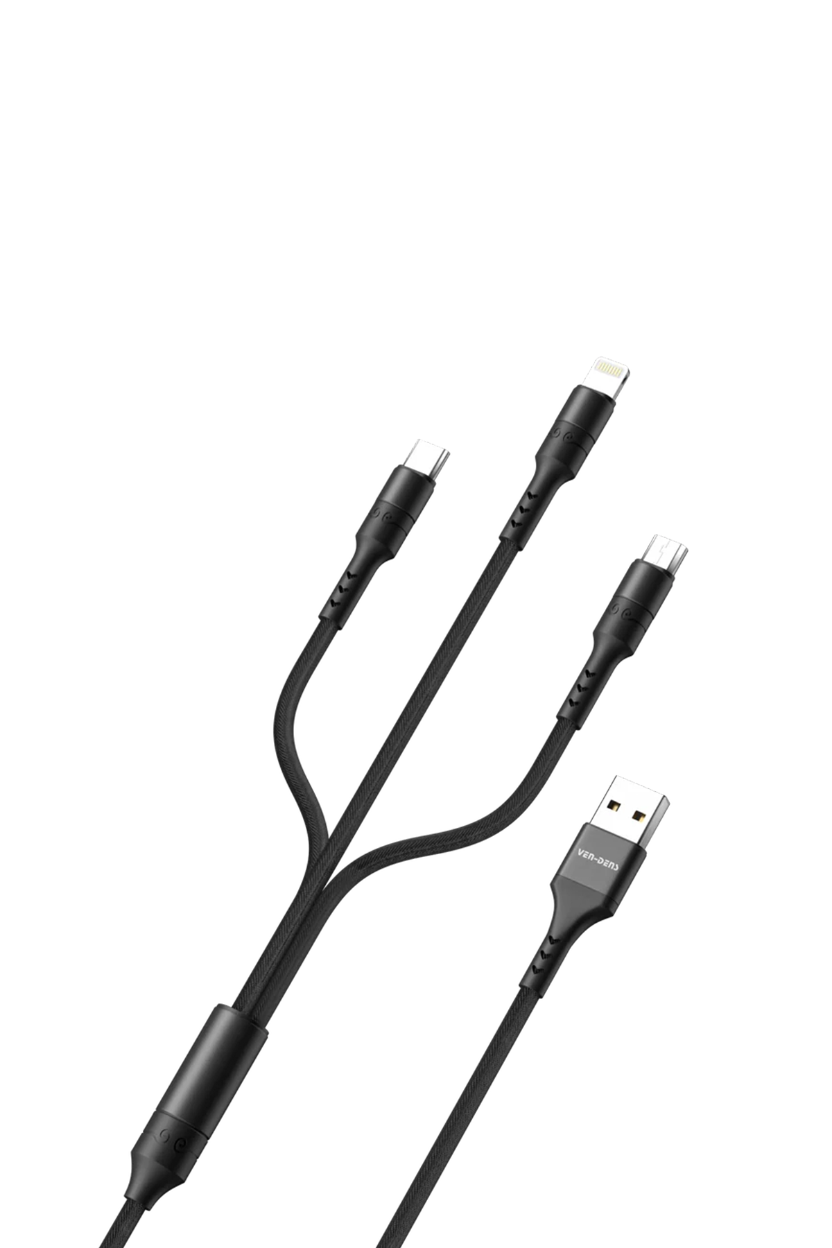 Ven-Dens VD-DCA01 3'ü 1 Arada Hızlı Şarj ve Data Kablosu - Type-C & Micro USB Uçlu Dayanıklı Naylon Örgü 1.2m