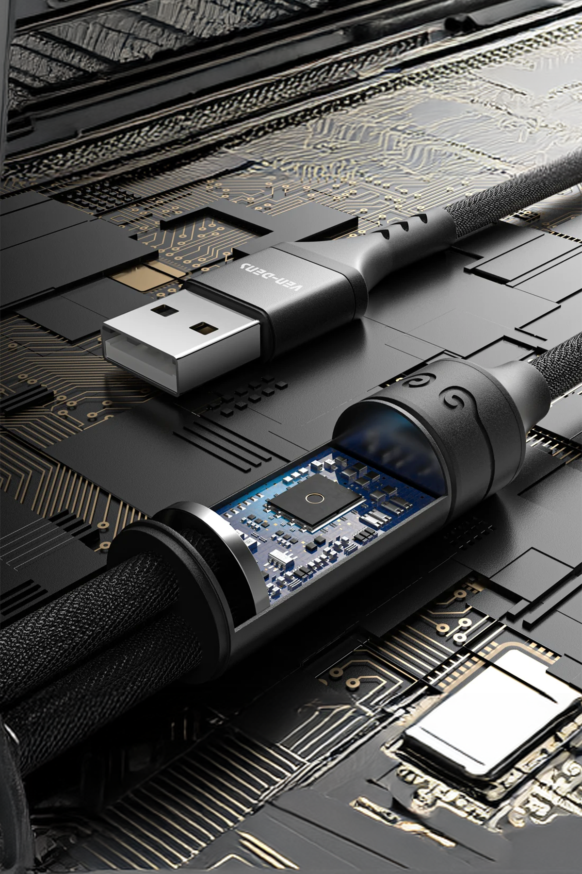 Ven-Dens VD-DCA01 3'ü 1 Arada Hızlı Şarj ve Data Kablosu - Type-C & Micro USB Uçlu Dayanıklı Naylon Örgü 1.2m