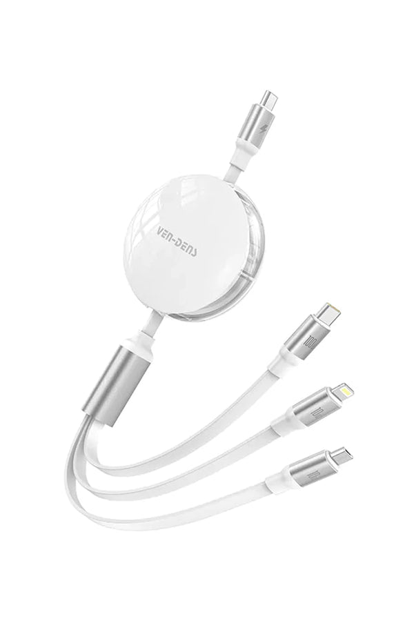 Ven-Dens VD-DCA08 100W 3'ü 1 Arada Makaralı Hızlı Şarj Kablosu, Type-C Lightning Micro USB