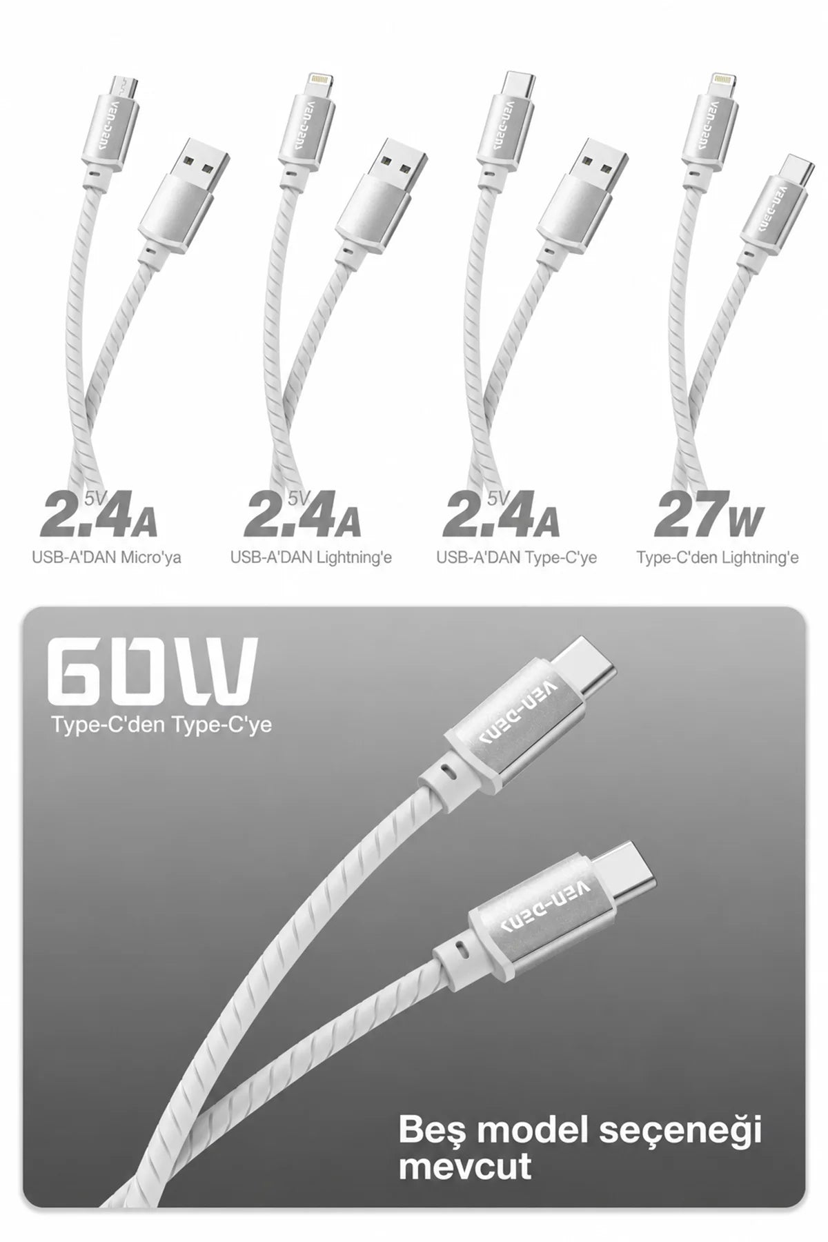 Ven-Dens VD-DCQ05 60W Type C to Type C Hızlı Şarj ve Data Kablosu - 1 Metre, Silikon