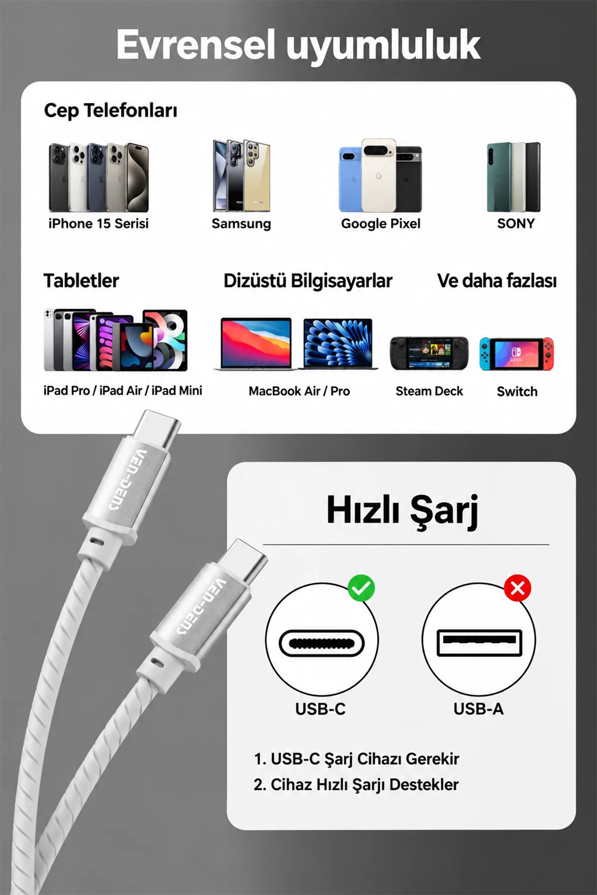 Ven-Dens VD-DCQ05 60W Type C to Type C Hızlı Şarj ve Data Kablosu - 1 Metre, Silikon