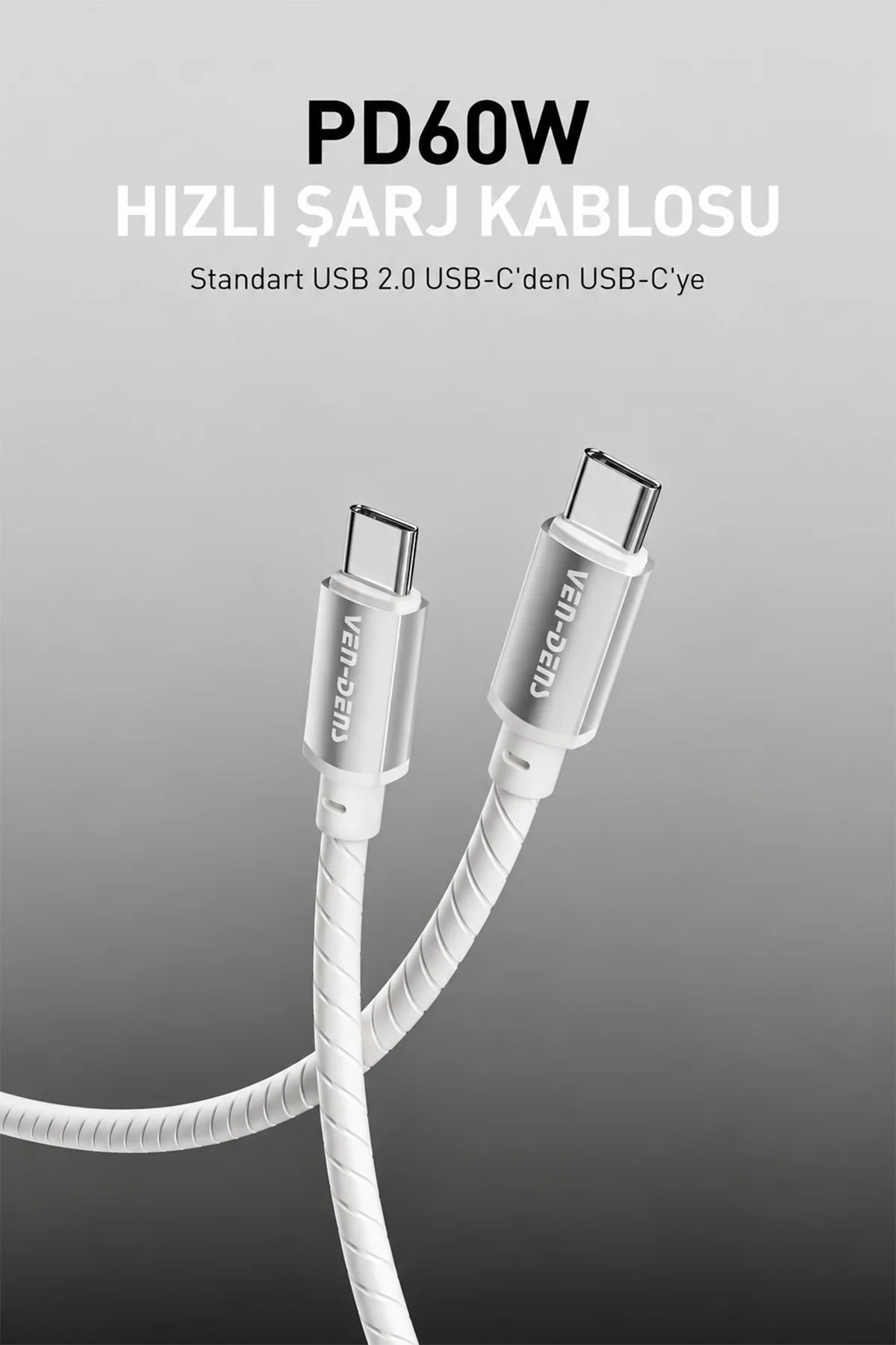 Ven-Dens VD-DCQ05 Type C to Type C 60W PD Hızlı Şarj ve Data Kablosu, 1 Metre - Gri Silikon