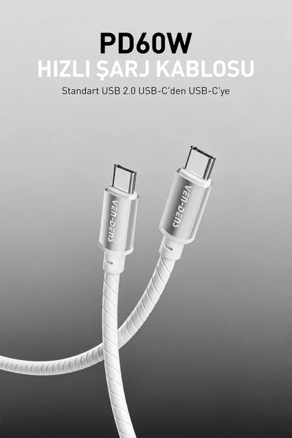 Ven-Dens VD-DCQ05 Type C to Type C 60W PD Hızlı Şarj ve Data Kablosu, 1 Metre - Gri Silikon