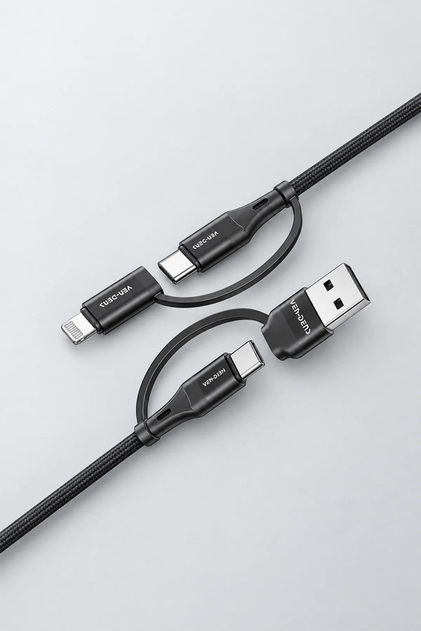 Ven-dens DCA06 4'ü 1 Arada Hızlı Şarj ve Data Kablosu - Type-C, Lightning, USB-A - 60W PD - 1.5M Naylon Örgü