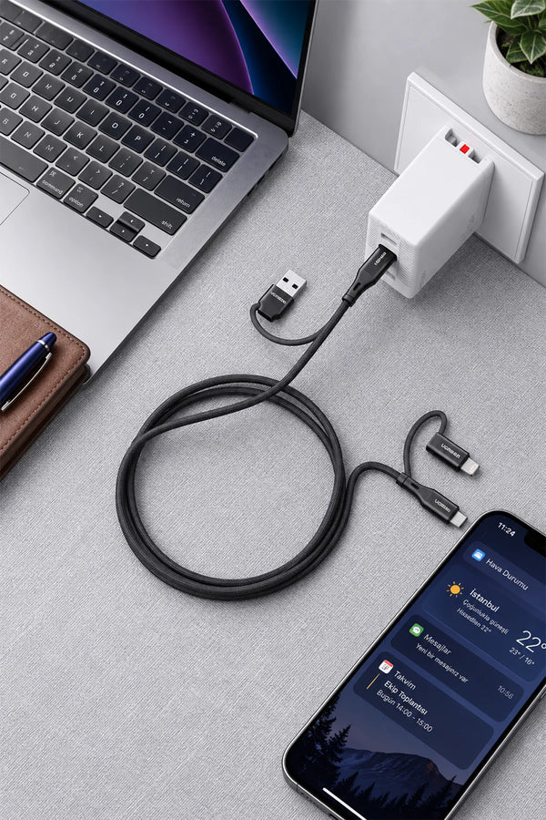 Ven-dens DCA06 4'ü 1 Arada Hızlı Şarj ve Data Kablosu - Type-C, Lightning, USB-A - 60W PD - 1.5M Naylon Örgü