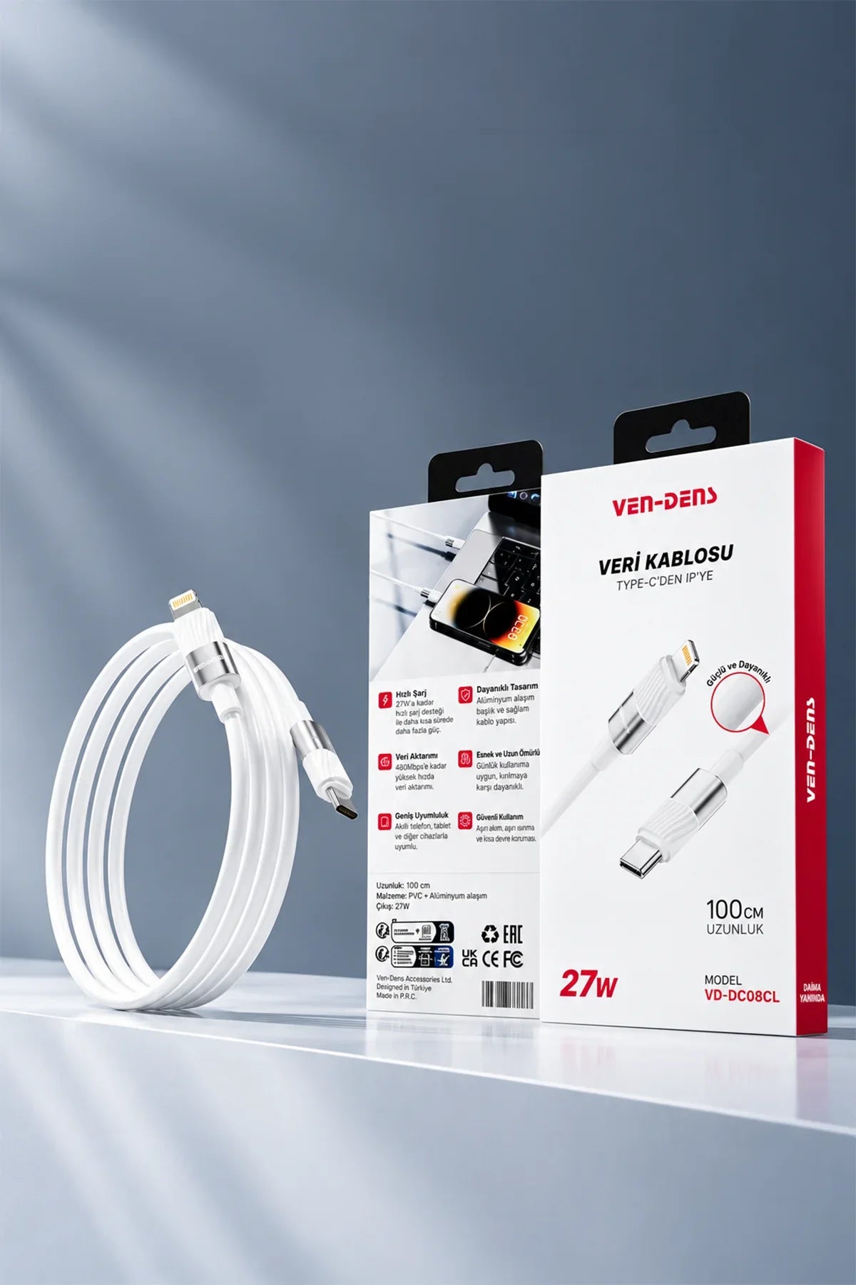 Ven-dens VD-DC08CL Type-C to Lightning PD 27W Hızlı Şarj ve Data Kablosu - 1 Metre