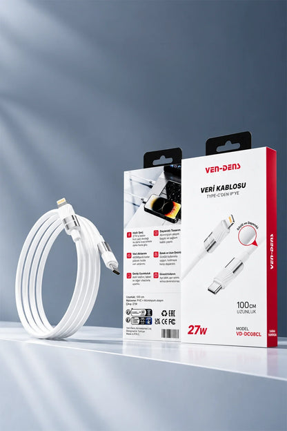 Ven-dens VD-DC08CL Type-C to Lightning PD 27W Hızlı Şarj ve Data Kablosu - 1 Metre