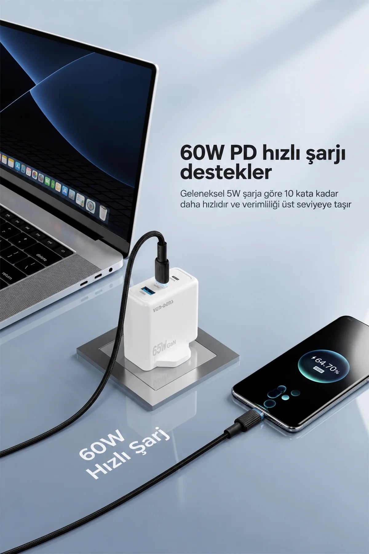 Vendens VD-DC09CC Type-C to Type-C 60W Hızlı Şarj ve Data Kablosu - 1 Metre TPE Örgülü