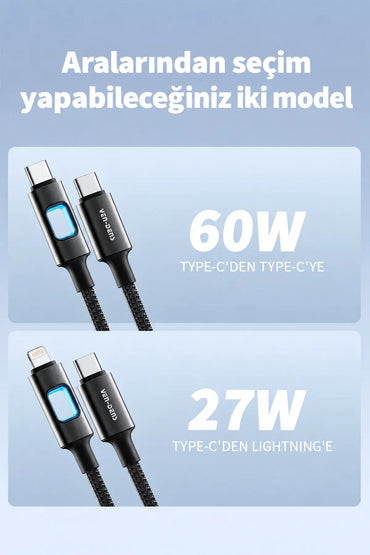 Ven-dens VD-DC12CL Type-C to Lightning PD 27W Hızlı Şarj ve Data Kablosu, Alüminyum Örgülü, 1 Metre - Siyah
