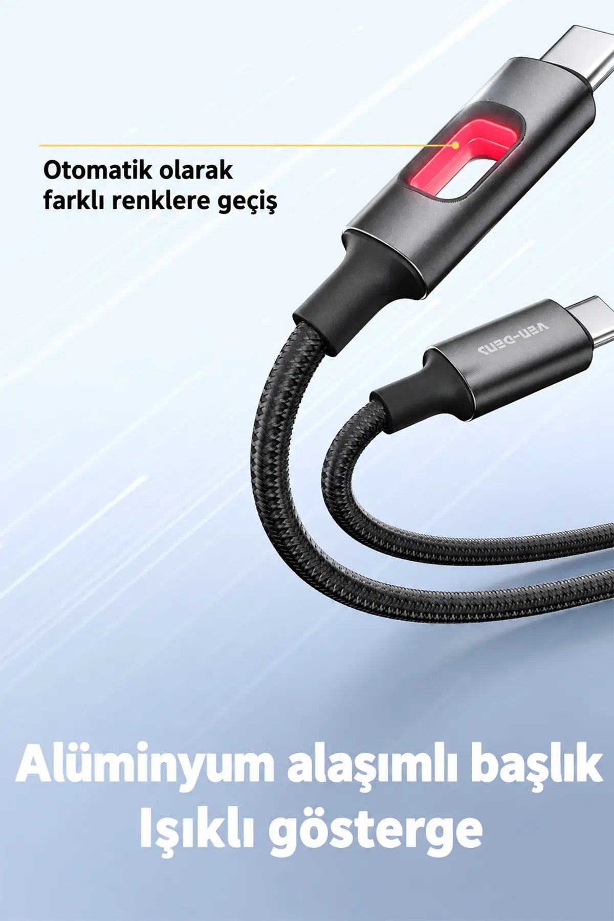 Vendens VD-DC12CC Type-C to Type-C 60W PD Hızlı Şarj ve Data Kablosu - 1 Metre Alüminyum Örgülü