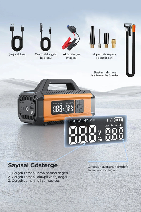 Vendens VD-CP010 Akü Takviye Cihazı 800A 150 PSI Hava Kompresörü 10000mAh Powerbank LED Fener