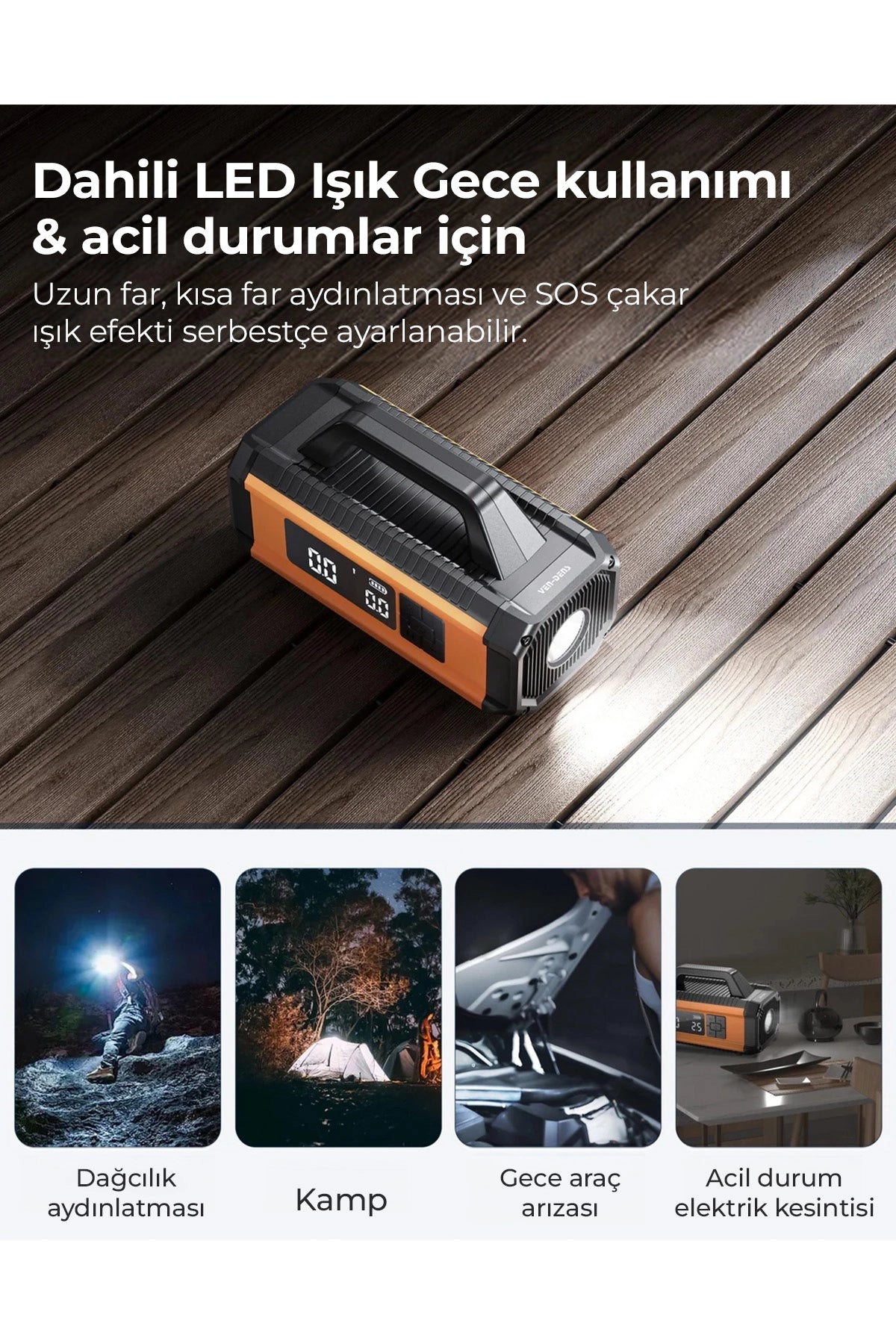 Vendens VD-CP010 Akü Takviye Cihazı 800A 150 PSI Hava Kompresörü 10000mAh Powerbank LED Fener